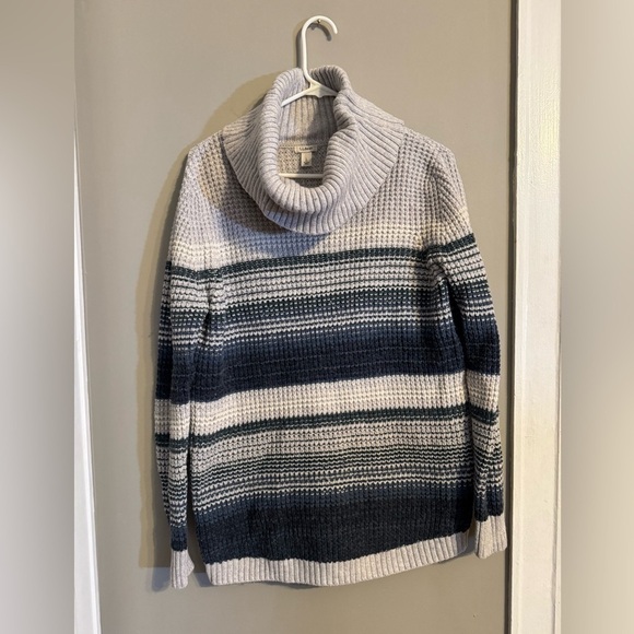 L.L. Bean Sweaters - L.L. Bean Like-New Waffle Knit Cowl Neck Striped Sweater - Cotton, Merino Wool